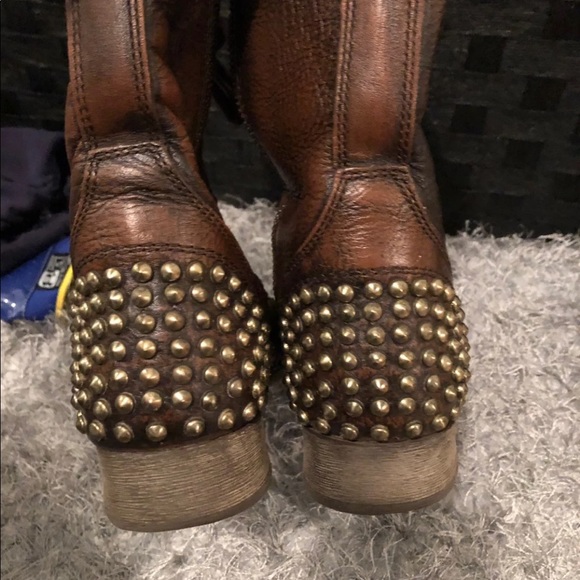 STEVE MADDEN brown Leather Tarnney gold Studded Lace Up Ankle Combat biker Boots - Picture 3 of 5